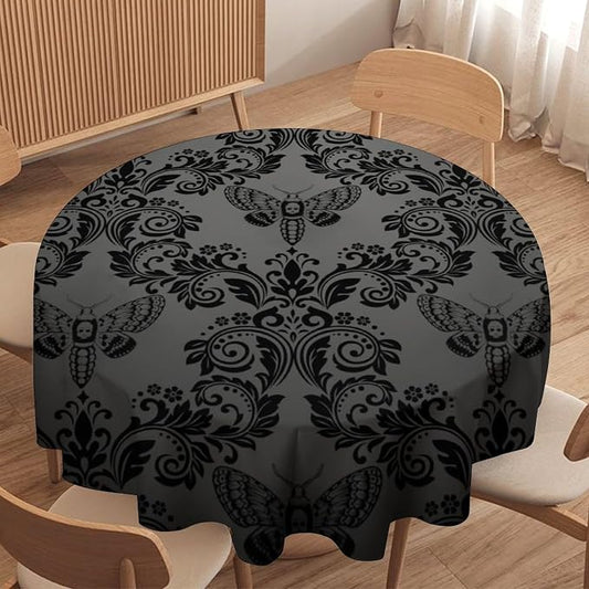 Black Damask Round Tablecloth Gothic Vintage Floral Skull Exotic Moth Antique Table Cloth Water Resistant Wipeable Table Cover for Farmhouse Party Holiday Kitchen Dinner Table 60"