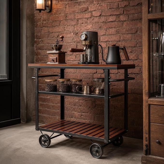 Rolling Bar Cart with Handle [3 Tier] Home Kitchen Microwave Cart Island On Wheels, Mobile Serving Cart Beverage Cart, Coffee Station (Metal/Wood, Industrial Black/Rustic Brown)