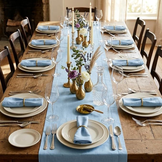 Urban Villa Christmas TableRunner 100% Cotton Fused Table Runner 14''x 72'' Over Sized Hemstitch Sky Blue Table Runner Every Day Use Heavier Quality TableRunner