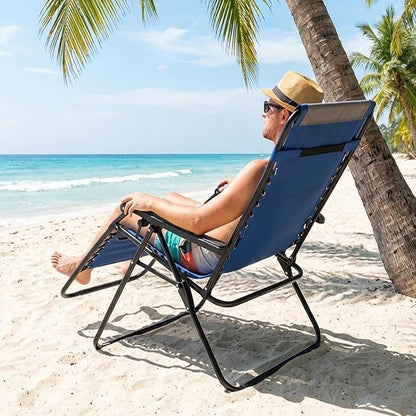 NEWBULIG Padded Zero Gravity Chair, Folding Lounge Chair Outdoor, Blue | Foldable Beach Camping Recliner Chair with Adjustable Pillow and Trays for Poolside Lawn Patio