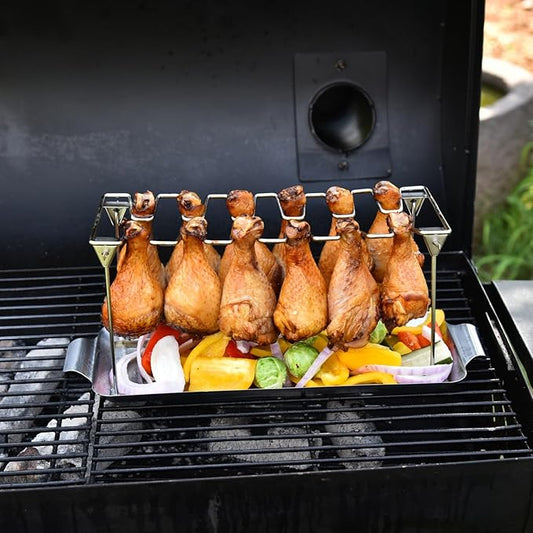 RTT Chicken Leg Rack for Grill with Drip Tray - Easy to Use 12 Slots Chicken Wing Rack - Premium Stainless Steel Chicken Drumstick Rack for Smoker - Chicken Drumstick Holder for Grill Accessories