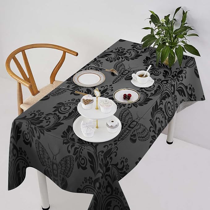 Black Damask Tablecloth Gothic Vintage Floral Skull Exotic Moth Antique Table Cloth Water Resistant Wipeable Table Cover for Farmhouse Party Holiday Kitchen Dinner Table 55x75