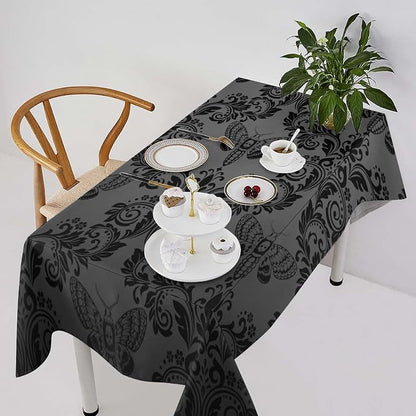 Black Damask Tablecloth Gothic Vintage Floral Skull Exotic Moth Antique Table Cloth Water Resistant Wipeable Table Cover for Farmhouse Party Holiday Kitchen Dinner Table 60x120