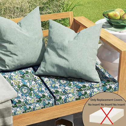 Magpie Fabrics Indoor Outdoor Cushion Cover Replacement 2 Pack, NO Insert! Water Repellent Slipcover with Ties Decor for Patio Garden Chair Seat Sofa Bench Wicker(Botanical Blue Green, 22x20x4 Inch)