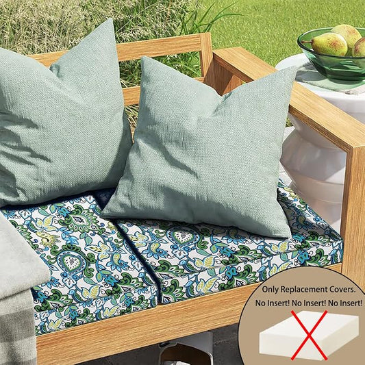 Magpie Fabrics Indoor Outdoor Cushion Cover Replacement 2 Pack, NO Insert! Water Repellent Slipcover with Ties Decor for Patio Garden Chair Seat Sofa Bench Wicker(Botanical Blue Green, 20x18x4 Inch)