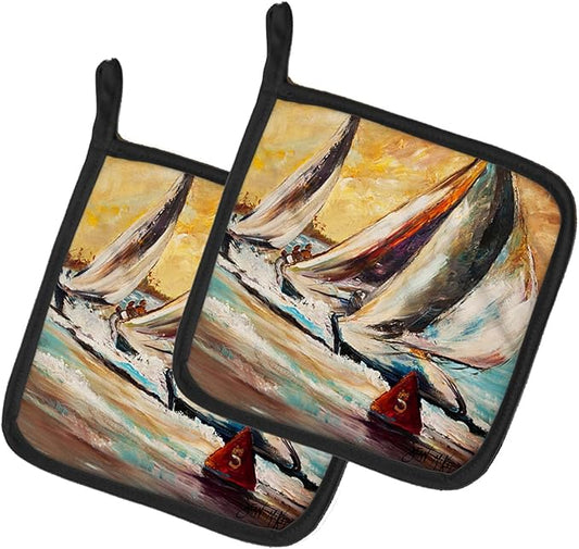 Caroline's Treasures JMK1244PTHD Boat Race Sailboats Pair of Pot Holders Kitchen Heat Resistant Pot Holders Sets Oven Hot Pads for Cooking Baking BBQ, 7 1/2 x 7 1/2