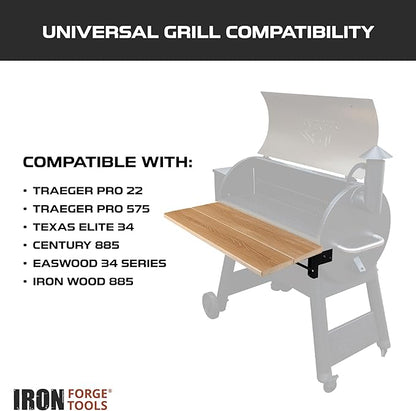 Iron Forge Tools 26x12 Composite Folding Grill Shelf Accessory - Pellet Smoker Barbeque Charcoal Grill Accessories - Compatible with Traeger Pro, Ironwood Texas Elite, Eastwood
