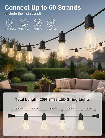 25FT LED Outdoor String Lights, 13 Shatterproof ST38 Edison Bulbs, Waterproof Patio Decor for Outside, Dimmable Bistro Cafe Hanging Lights