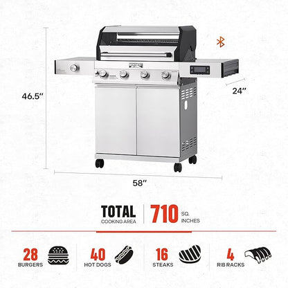 Monument Grills Denali Series, 4+1 Liquid Propane Gas Smart BBQ Grill, 4 Burners & 1 Side Burner, Denali 405 Stainless Steel with Smart technology, Knob Controls, Outdoor Use