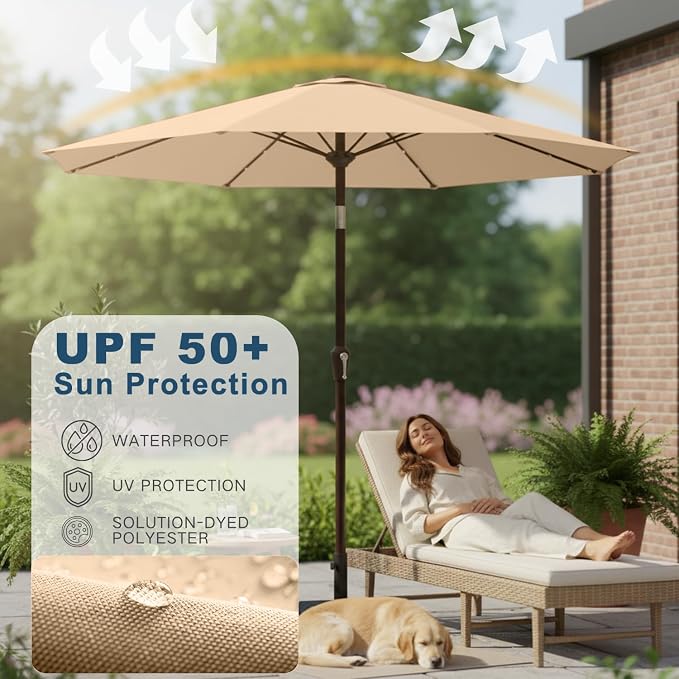 9' Solar LED Patio Umbrella with Tilt & Crank|8 Sturdy Ribs,UV Protection,Outdoor Market Table Umbrella for Deck,Lawn,Pool,Backyard (Khaki)