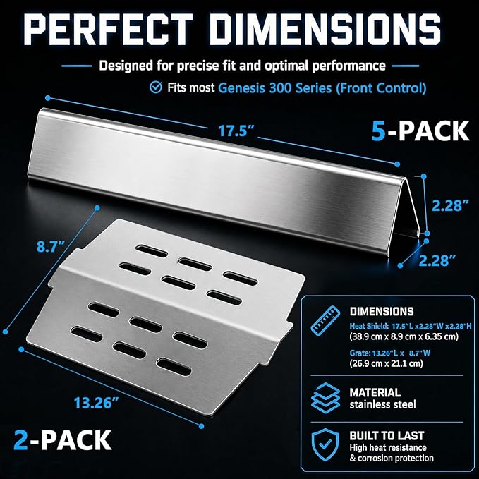 17.5" Flavorizer Bars & 7622 Heat Deflector for Weber Genesis 300 Series (Front Control) Stainless Steel Grill Replacement Parts for Genesis E310 E320 S310 S330 EP310 for Weber 7620 7621 7622 65505