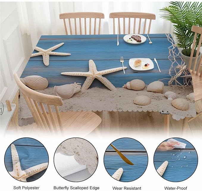 52x70 Inch Tablecloth Starfish Seashell, Beach Seashells Fishnet Rustic Wood Non-Fading Table Covers Kitchen Dinning Tabletop Decoration, Washable Table Cloth for Outdoor and Indoor Use