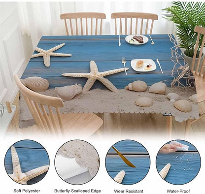 52x70 Inch Tablecloth Starfish Seashell, Beach Seashells Fishnet Rustic Wood Non-Fading Table Covers Kitchen Dinning Tabletop Decoration, Washable Table Cloth for Outdoor and Indoor Use