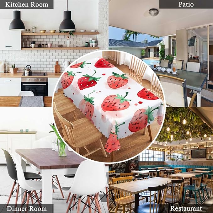 Swono Strawberry Red Tablecloth Summer Fruits Strawberry Leaves Decorative Table Cover for Kitchen, Party Banquet and Holiday Tablecloth, 52x70 Inch(4-6 Seats)