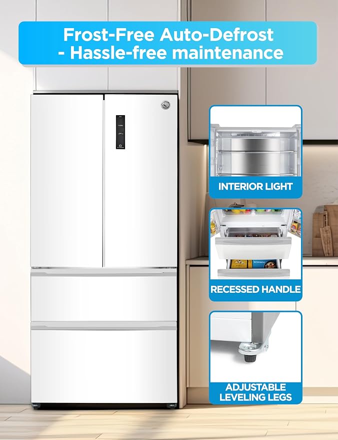 Commercial Cool 18.9 Cu. Ft. French Door Refrigerator, 33 Inch Wide Refrigerator with 2 Bottom Mount Freezer Drawers, Frost Free, LED Lighting, Digital Temperature Control, CCRF1890KW, White | 33 Inch Wide Refrigerator with 2 Bottom Mount Freezer Drawe...