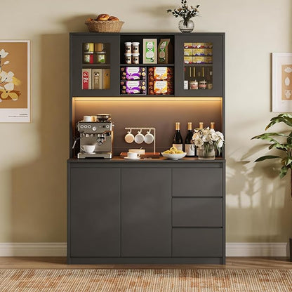 71" Kitchen Pantry Cabinet,Tall Storage Cabinet with Shelves Adjustable | Kitchen Storage Hutch with Microwave Shelf,Coffee Bar,Led Lights&Charging Station,Corner Pantry Cabinet for Living Room