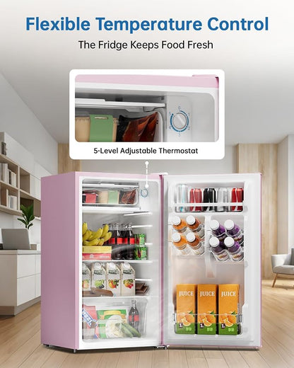 3.2 Cu Ft Mini Fridge with Freezer - Energy Efficient, Large Capacity Single Door Upright Freezer for Bedroom, Office & Dorm | Small Fridge, Reversible Door, ETL Certified(Pink)