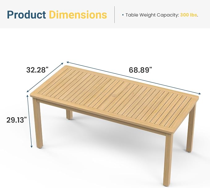 Wisteria Lane Acacia Outdoor Dining Table, 68"×32" Patio Dining Table with Umbrella Hole, All-Weather Solid Wood Outdoor Patio Table for Garden, Poolside, Deck, Lawn
