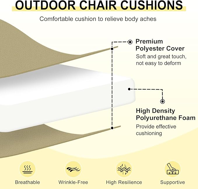 downluxe Outdoor Chair Cushions Set of 4 for Patio Furniture, Water-Resistant Patio Chair Cushions with Ties, High Density Foam Outdoor Seat Cushion, 17" X 16" X 2", Khaki