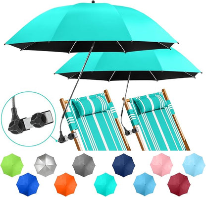 2 PACK Beach Umbrella with Clamp, 360 ° Adjustable Umbrellas for Chair, UPF50+ Umbrella for Beach Chair, Patio Chair, Wheelchair, Camping Chair, Golf Carts (Chair Not Included)