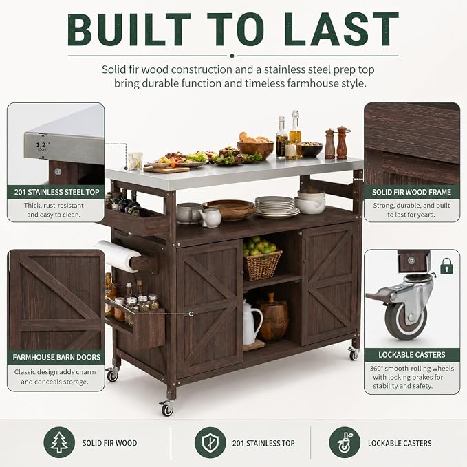 Outdoor Kitchen Island, 50.25" Rolling Grill Table with Storage Cabinet, 201 Stainless Steel Top Outdoor Bar Cart, Solid Fir Wood BBQ Prep Station with Adjustable Shelves, Spice Rack (Dark Brown)