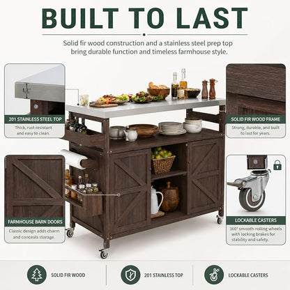 Outdoor Kitchen Island, 50.25" Rolling Grill Table with Storage Cabinet, 201 Stainless Steel Top Outdoor Bar Cart, Solid Fir Wood BBQ Prep Station with Adjustable Shelves, Spice Rack (Dark Brown)