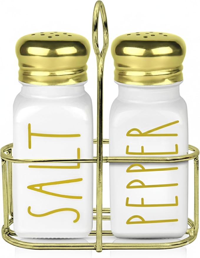 Gold Salt and Pepper Shakers Set with Holder by Brighter Barns - Modern Vintage Kitchen Decor and Accessories - Cute Glass Salt Shaker w/Caddy for Restaurant, Dining Table, Airbnb, Gift (White/Gold)
