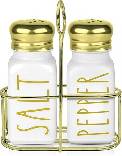 Gold Salt and Pepper Shakers Set with Holder by Brighter Barns - Modern Vintage Kitchen Decor and Accessories - Cute Glass Salt Shaker w/Caddy for Restaurant, Dining Table, Airbnb, Gift (White/Gold)