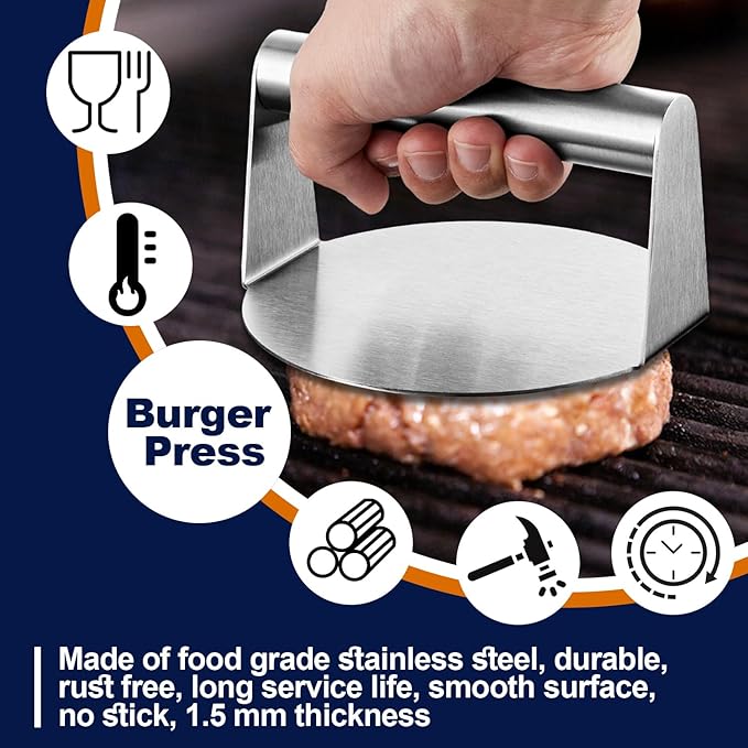 Smash Burger Press, HaSteeL 5.5-Inch Stainless Steel Burger Press, Non-Stick Grill Press for Flat Top Griddle Grill Cooking, Round Smasher Tool for Cooking Burgers, Bacon, Meats, Sausages