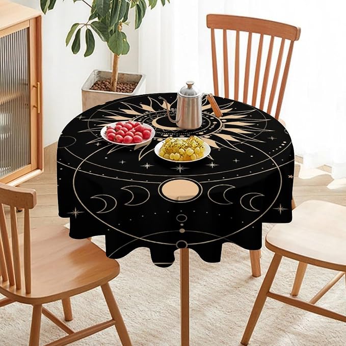 Vintage Tarot Moon Sun Round Tablecloth Moon Phase Star Galaxy Space Esoteric Astrology Table Cloth Water Resistant Wipeable Table Cover for Farmhouse Picnic Party Holiday Kitchen Dinner Table 60"