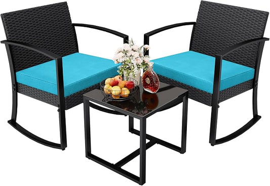 Greesum 3 Piece Patio Furniture Set, All-Weather Imitation Rattan Conversation Set, Outdoor Rocking Chair Bistro Set with Glass Top Coffee Table for Pool, Deck, Porch, Garden or Balcony, Blue