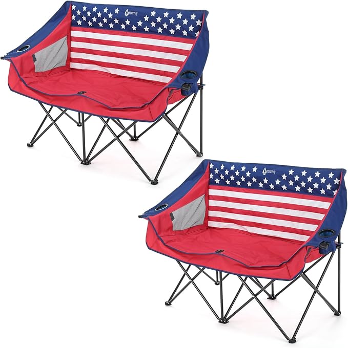 ARROWHEAD OUTDOOR 2-Pack Portable Folding Camp Loveseat Chair w/Glass & Cup Holders, Heavy Duty Carry Bag, 650 lbs Weight Capacity | Glass & Cup Holders, Heavy Duty Carry Bag, 650 lbs Weight Capacity, Beach, Tailgating, Fishing, Patio, Hunting, Backyar...