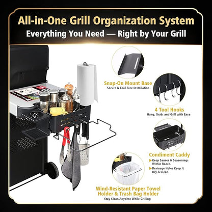Uniflasy Side Shelf Organizer Compatible with Weber Works Rails, Spirit E-425, Genesis, Performer and Slate Grill Parts Metal Caddy Basket with Paper Towel, Trash Bag, Cup Holder and 4 Hooks