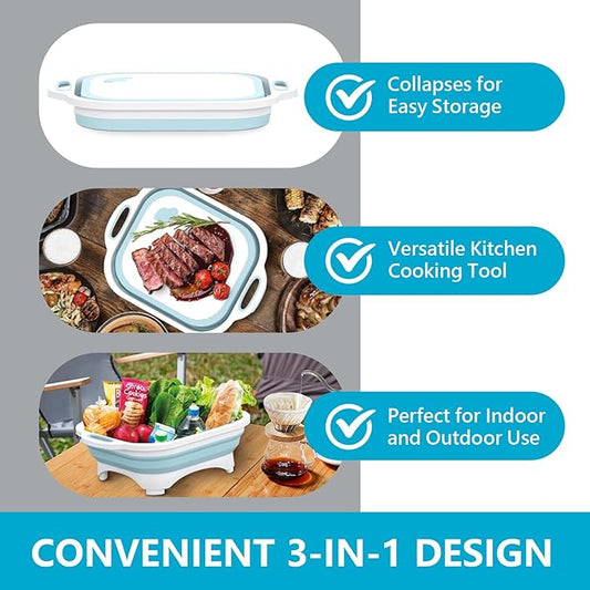 Collapsible Cutting Board, HI NINGER Foldable Chopping Board Multifunction Chopping Board, Space Saving 3 in 1 Multifunction Storage Basket, Chopping&Slicing Board for Prep/Picnic/Camping (Sky blue)