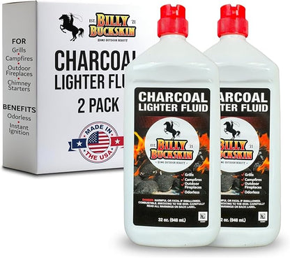 Charcoal Lighter Fluid (1 Quart) - 2 Pack Clean Burning, Low Odor & Fast Lighting Lighter Fuel - Perfect Fire Starter Fluid for Outdoor BBQ, Grilling, Camping, Charcoal & Wood Fires by Billy Buckskin