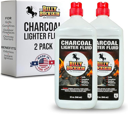 Charcoal Lighter Fluid (1 Quart) - 2 Pack Clean Burning, Low Odor & Fast Lighting Lighter Fuel - Perfect Fire Starter Fluid for Outdoor BBQ, Grilling, Camping, Charcoal & Wood Fires by Billy Buckskin