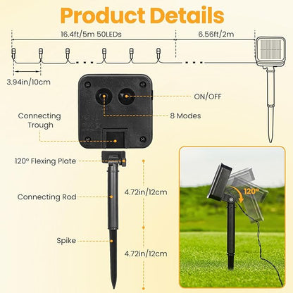 Solar Christmas Lights Outdoor Waterproof Solar String Lights Outdoor with 8 Lighting Modes for Garden Yard Pathway Fence, 50LED 23FT, Warm White