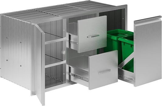 Jocisland 41.5" W×20" D×23" H Stainless Steel Outdoor Kitchen Drawers, Double Drawers with Trash Drawer & Door, 3-Tier Cabinet, Built-in BBQ Island Storage for Outdoor Kitchens
