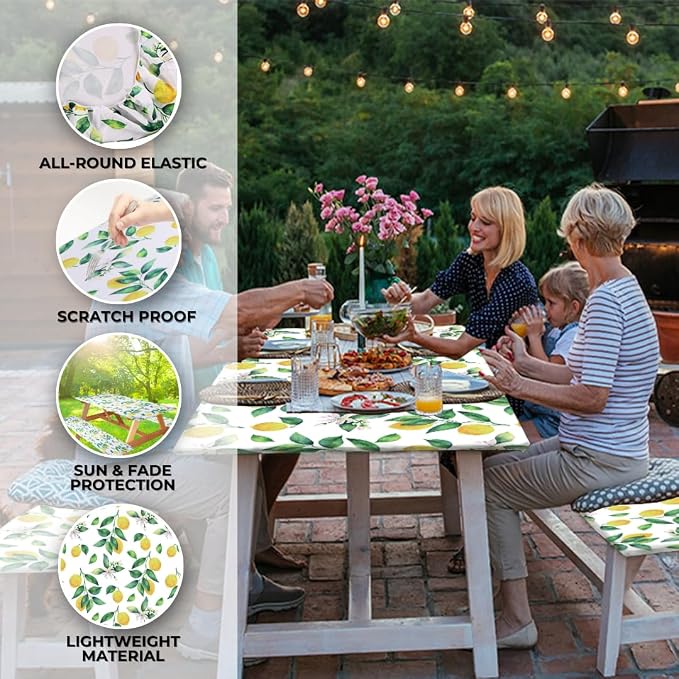6ft Polyester Picnic Table Cover with Bench Covers Tablecloth Zesty Lemon | Polyester Picnic Table Cover Windproof & Waterproof, Perfect for Camping Gifts & RV Essentials, Cool Camping Gadgets with bag