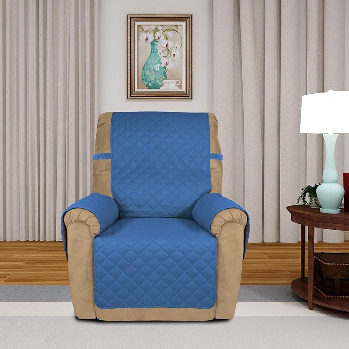 PureFit Reversible Recliner Chair Covers Couch Covers for Dogs, 19 in | Blue/Ivory, Water Resistant Couch Protector, Washable Pet Couch Cover with Non Slip and Elastic Straps For Kids