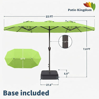 15FT Double Sided Patio Umbrella with Base Included Large Outdoor Market Umbrella with Crank Handle, UV Resistant Canopy, Sturdy Frame for Garden, Poolside, Deck, Apple Green