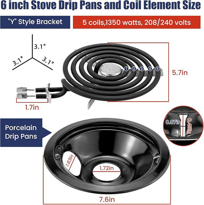 Electric Stove Burners and Porcelain Drip Pans Set Compatible with G-E Hot-point Stoves, Includes WB31M20 WB31M19 Black Stove Drip Pans & WB30M1 WB30M2 Electric Range Burner Elements by Fetechmate