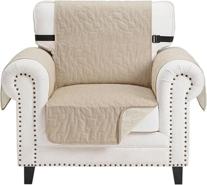 CUCRAF Non Slip Quilted Sofa Cover, Water Resistant Slipcover Furniture Protector for 1 Cushion Sofa Pet Friendly, Washable Couch Cover with Adjustable Elastic Straps (Small Chair, Beige)