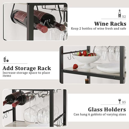 Bar Cart for The Home, 3 Tier Kitchen Carts with Wheels, Small Rolling Cart with Glass Holders, Wine Rack, Mini Bar Cart for Kitchen, Dining Room, Living Room, 13.0" D x 17.0" W x 33.8" H, Greige