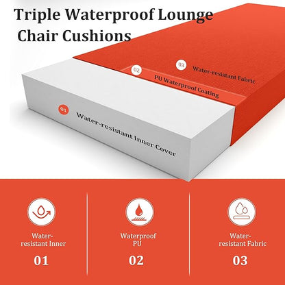 Chaise Lounge Cushions Outdoor Set of 2 Lounge Chair Cushion 72" L x 21" W with Headrest Straps 3'' Thick Waterproof Patio Chaise Cushions Pool Lounger Chair Cushion(Orange)