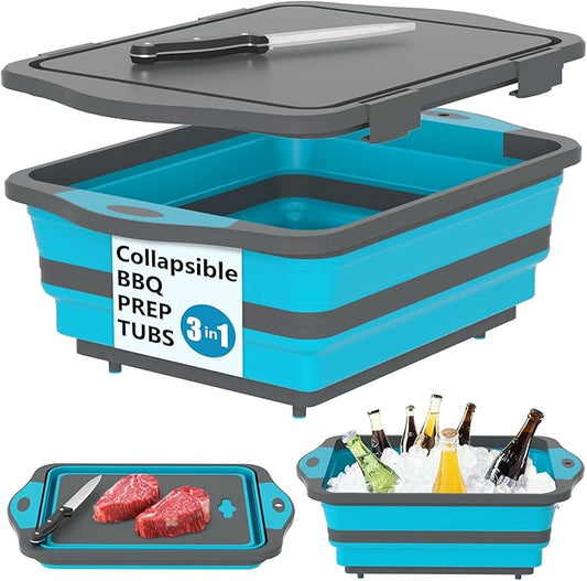 HI NINGER BBQ Prep Tub with Lid, Collapsible Camping Sink with Colander, Cutting Board & Knife Set for Grilling, Smoking & Outdoor Cooking, Collapsible Wash Basin for RV Camping Essentials