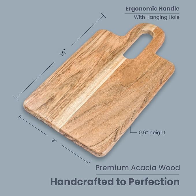 The Fine Living Co. Wood Serveware Board, Chopping Board, Acacia Wood Charcuterie Board, Pizza Bread Board for Serving Meat, Fruits, Non-slip Board, 0.6" Thick & Food Safe Wood Board, 14”x8”
