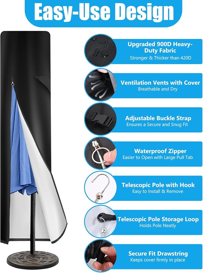 Patio Umbrella Cover 9-13ft Cantilever 900D Waterproof | 900D Oxford, Zipper, Top Vent, Hem Drawstring,Windproof, Easy Setup with Pole, fits Offset & Large Market Umbrellas