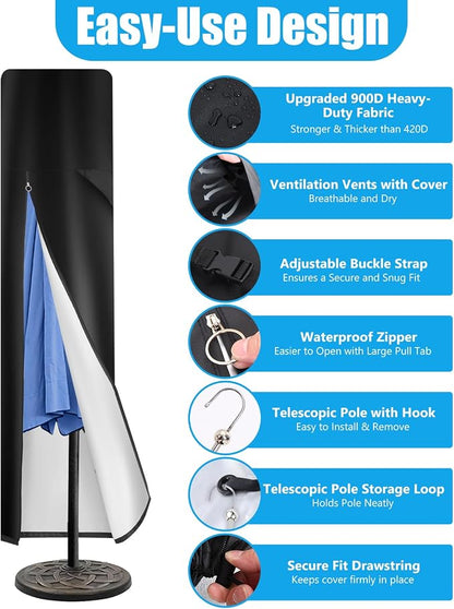 Patio Umbrella Cover 9-13ft Cantilever 900D Waterproof | 900D Oxford, Zipper, Top Vent, Hem Drawstring,Windproof, Easy Setup with Pole, fits Offset & Large Market Umbrellas