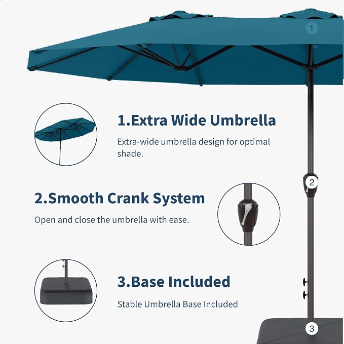 15FT Double Sided Patio Umbrella with Base Included Large Outdoor Market Umbrella with Crank Handle, UV Resistant Canopy, Sturdy Frame for Garden, Poolside, Deck, Lake Blue